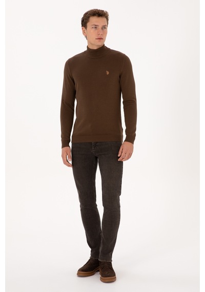 U.S. Polo Assn. Erkek Slim Fit Boğazlı Kahverengi Basic Kazak 50313712-VR029