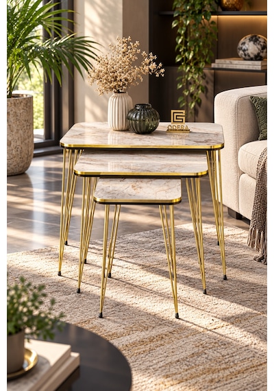 Odera Efes Ekru Mermer Desenli Zigon Sehpa 3'lü Set Siyah- Detaylı Metal Ayaklı Modern Salon Sehpası Diğer
