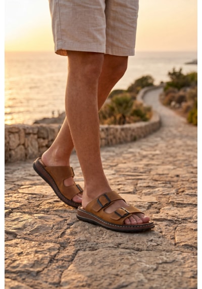 Fame Step Hakiki Deri Unisex Ortopedik Yumuşak Taban Comfort Yazlık Günlük Terlik Çift Terliği Tokalı Taba