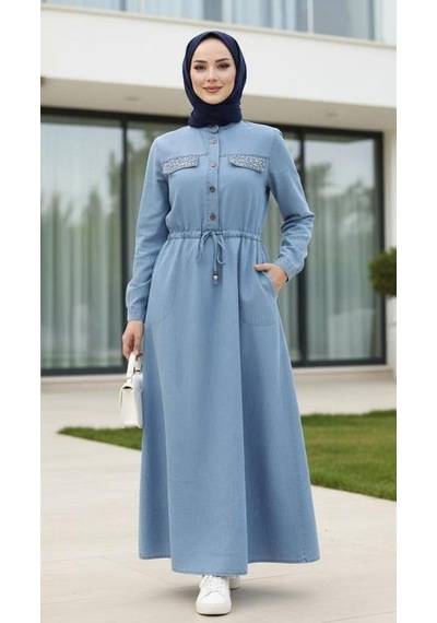 Hb Harma Time Butik Kadın Taş İşlemeli Düğmeli Açık Mavi Kot Elbise