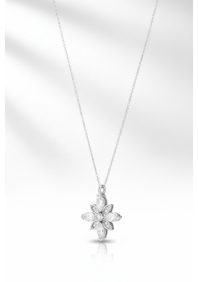 Premium Pırlanta Kesim Zirkon Taşlı Çiçek Kadın Kolye - Modern Ve Işıltılı Tasarım Gümüş Renk, 45+5 Cm