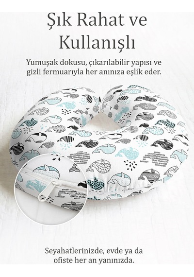 Sevimli Balina Desenli Pamuklu Boyun Yastığı - Modern Siyah Mavi Desenli Ergonomik Seyahat Yastığı Çok Renkli