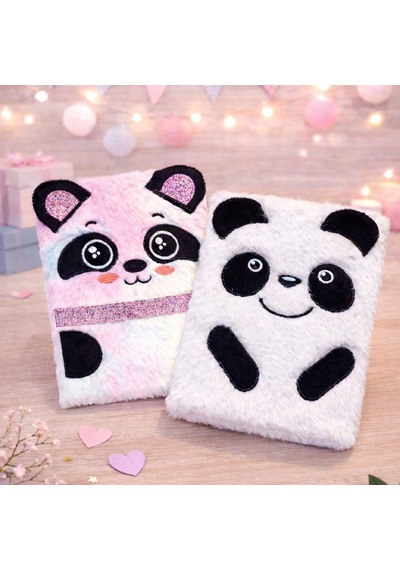 Premium Sevimli Çizgili Yapraklı Hediyelik Panda Tasarımlı Peluş Defter Çok Renkli