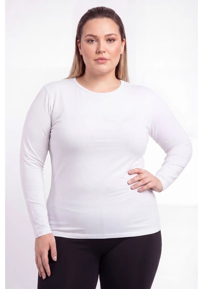 Terrien Özel Seri Hediye Kombin Rahat Kadın Büyük Beden Bisiklet Yaka Uzun Kollu Body Beyaz
