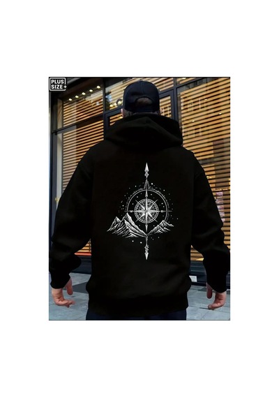 Herkesemoda Arka Desen Baskılı İçi Polarlı Kapüşonlu Sweatshirt Siyah