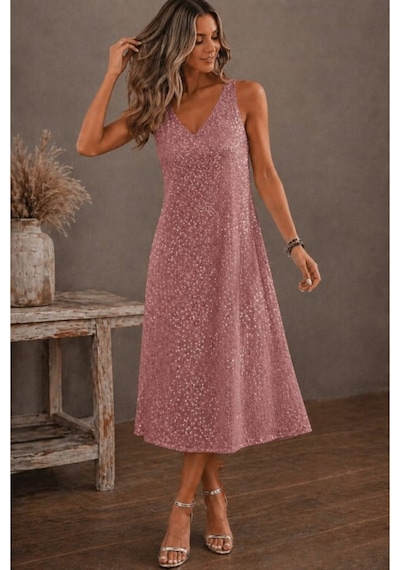 Butik İstanbul Kadın Askılı V Yakalı Pulpayetli Midi Elbise Pembe