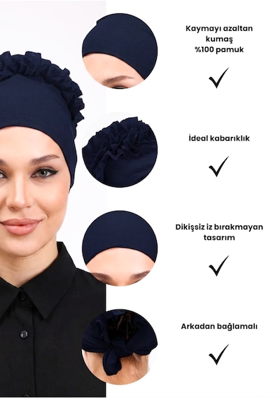 Alivascarf Fırfırlı Dikişsiz Penye Bone - Kadın Tesettür Bağlamalı Topuz İç Bone Lacivert