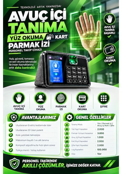 Avuç Okuma-yüz Okuma-parmak İzi Okuma Ve Kartlı Personel Kontrol Cihazı -giriş-çıkış Yazılımı Ve 15 Kart Hediye