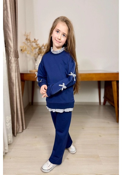 Koçak Kids Gömlek Desenli Lacivert Renk Kız Çocuk Takım Krem