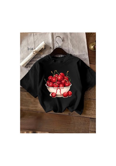 Herkesemoda Kiraz Kasesi Baskı Detaylı Basic T-shirt Siyah