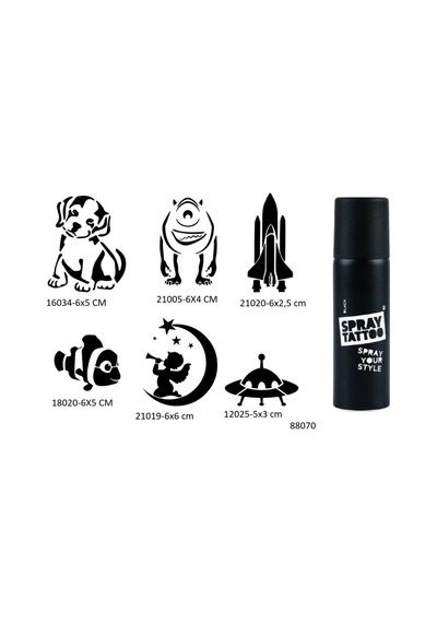 Airbrush Tattoo Çocuksu Desenler Şablon + Siyah Sprey Geçici Dövme Seti 6'lı
