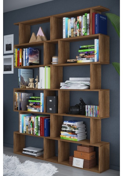 Dekorfim DF07103BR 6 Raflı Çift Modül Zigzag Kitaplık Çalışma Odası Ofis Kitaplık