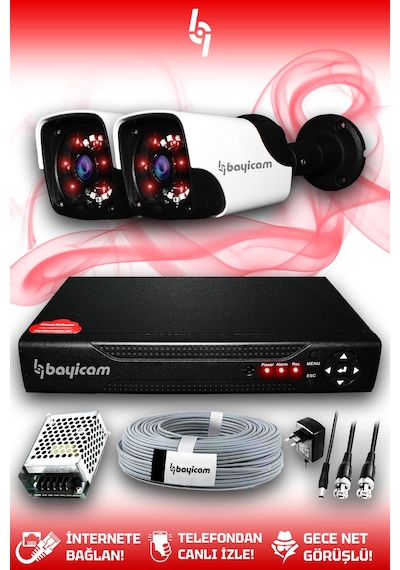 Bayicam 2 Kameralı Panda 2 Dış Kamera Set HDD'siz Full HD Gece Görüşlü Güvenlik Kamerası Sistemi