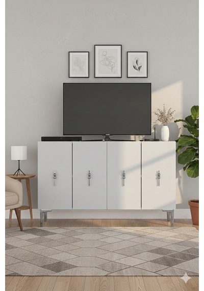 Ka1217bs Salkım120 Konsol, Kahve Köşesi Ve Tv Sehpası, Çok Amaçlı Dolap Beyaz-sılver 120cm
