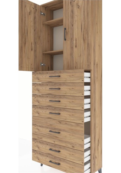 Arges Dolap 3 Raflı 5 Çekmeceli 2 Kapaklı 88x30x243 Çam-çam Atlas Çam