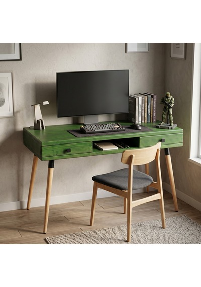 Mobenta Modest Desk: Masif Çalışma & Laptop Masası 2 Çekmece 1 Bölme - 120x60 Ye Yeşil