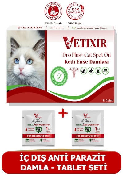 Kedi Bitkisel İç Dış Bit Pire Uzaklaştırıcı Ense Bitkisel Damla Seti - 5 Damla 2 Tablet