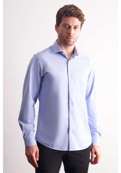 İmza Mavi Yarım İtalyan Yaka Uzun Kol Premium Slim Fit %100 Pamuk Gömlek 1004255194 Mavi