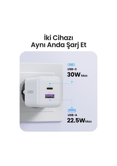 Ugreen 30w Gan Hızlı Şarj Cihazı 2 Portlu, 1xusb-a, 1xusb-c, Beyaz, 65015