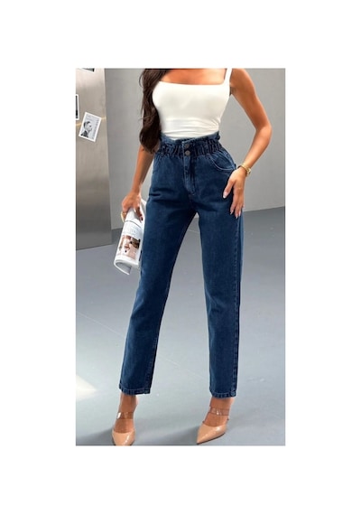 Kene Jeans Yüksek Bel Lacivert Çift Düğme Kemer Büzgülü Mom Jeans Lacivert