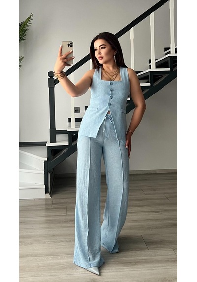 Bebe Mavi Kare Yaka Bağlama Detaylı Yelek - Pantolon Takım Bebe Mavi