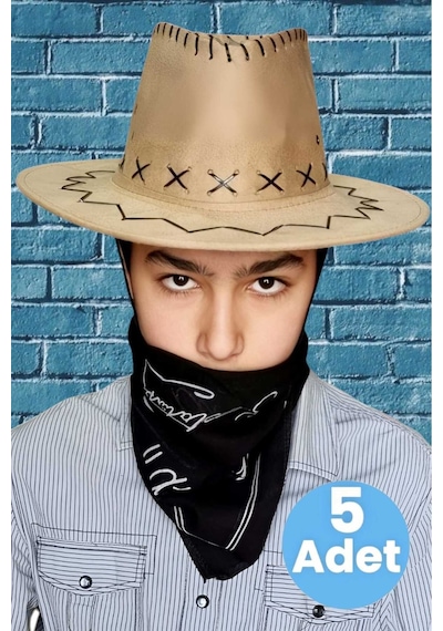 Uniquetrenders Çocuk Unisex Bandanalı 5'li Nubuk Kovboy Şapkası 8-14 Yaş Koyu Bej 6