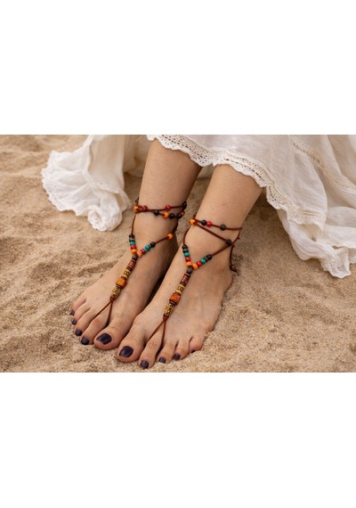 Süet Barefoot Sandal Renkli Ahşap Boncuklu Çift Halhal Bordo