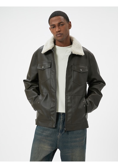 Koton Suni Deri Ceket Yakası Kürklü Cepli Fermuarlı Astarlı Slim Fit Kahverengi 5wam20085hw Kahverengi