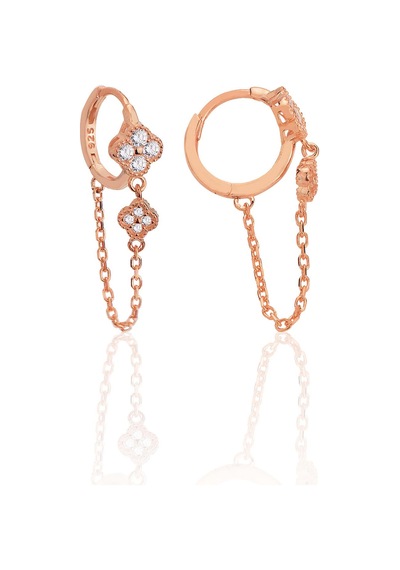 Gümüş Rose Zirkon Taşlı Zincirli Yonca Modeli Halka Küpe Barcode Gold - Rose Gold - Rodyum