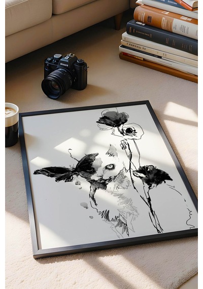 Modern Sanatsal Kedi Ve Kelebek Çerçeveli Tablo - Minimalist Monochrome Duvar Dekoru Siyah