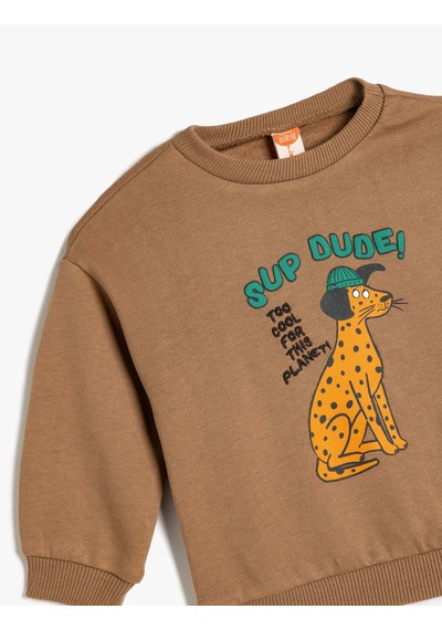 Koton Sweatshirt Bisiklet Yaka Köpek Baskılı Uzun Kollu Pamuklu Kahverengi 5wmb10212tk Kahve