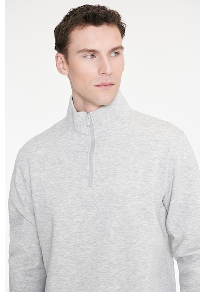 Ac&Co / Altınyıldız Classics Erkek Grı Melanj Standart Fit Normal Kesim İçi Polarlı Bato Yaka Pamuklu Sweatshirt Gri Melanj