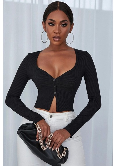 Beru Kadın Siyah Uzun Kollu Düğme Detaylı Göğüs Ve Göbek Dekolteli Crop Top Bluz Premium Stil L - XL