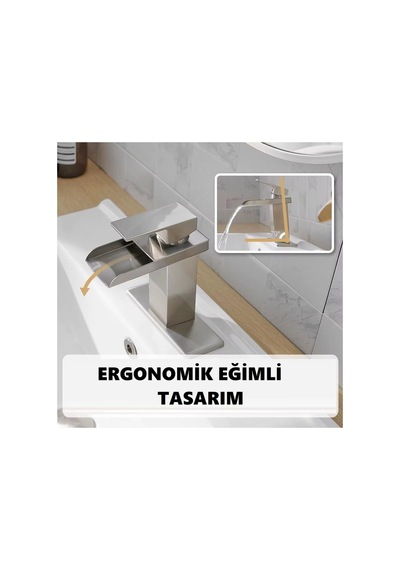 Rena Design Lavabo Bataryasi Inox Şelale Kare Gövde Eğimli Havza Banyo Armatür Çift Giriş Lüks Ergonamik Mat Gri Inox Mat Gri