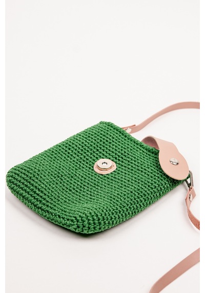 Fabric Craft Bag Çapraz Askılı Kadın Omuz Çantası Floş İplik Örgü Küçük Çanta Yeşil - Pembe