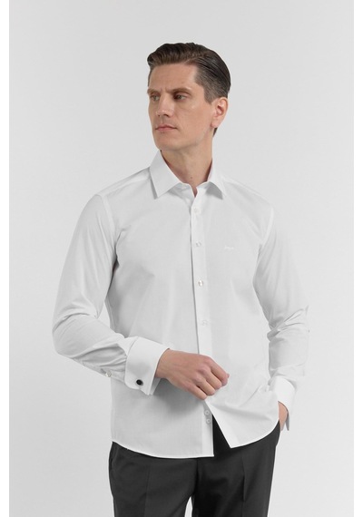 İmza Beyaz Uzun Kol Sert Yaka Düz Pamuklu Slim Fit Gömlek 1004260059