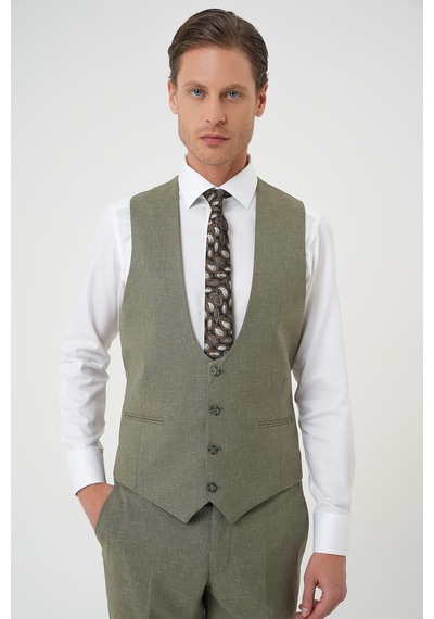 Efor Slim Fit Çift Yırtmaç Keten Karışımlı Yelekli Klasik Haki Takım Elbise Tk 914 Haki