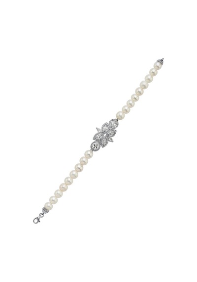 7,5 Mm Yaprak Tasarımlı Zirkon Taşlı Doğal İnci Bileklik 18 Cm / Beyaz Gümüş