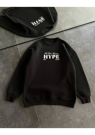İkales Üç İplik Bisiklet Yaka Baskılı Sweatshirt - Siyah