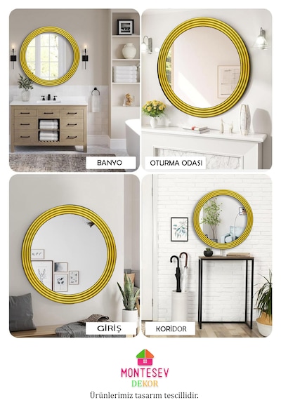 Zümrüt Ahşap Gold Yuvarlak Ayna Işlemeli Duvar Banyo Aynası 56 Cm Gold