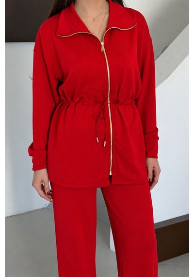 Balenbi Oversize Fermuarlı Beli Bağcıklı Polo Yaka Modal Kadın Takım 1196 - Premium Seri Kırmızı Balenbi Oversize Fermuarlı Beli Bağcıklı Polo Yaka Modal Kadın Takım 1196 - Premium Seri Kırmızı