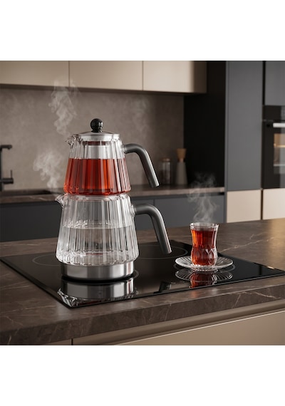 Jumbo Aura Glass İndüksiyon Tabanlı Çelik Çaydalık Şeffaf