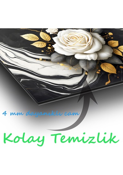 Soyut Siyah Beyaz Gold Gül Cam Tablo, Modern Ev Ofis Salon Duvar Dekoru, Hediyelik Tablo Dekor