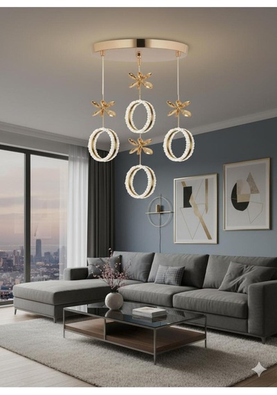 Zero Model 4"lü Kristal Taşlı Gold 3 Renk Modu Ledli Salon Mutfak Oturma Odası Sarkıt Led Avize Metalik