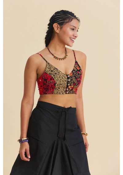 İnce Askılı Düğme Detaylı Crop Bluz Desenli