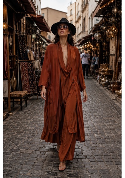 Bohem Stil Italyan Ipek Detaylı Oversize Kap Bluz- Wes Pantolon Takım Kiremit