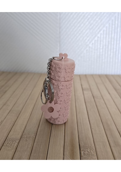 Çiçekli Model Ruj Ve Balım Kutusu Anahtarlık Çanta Charm Açık Pembe