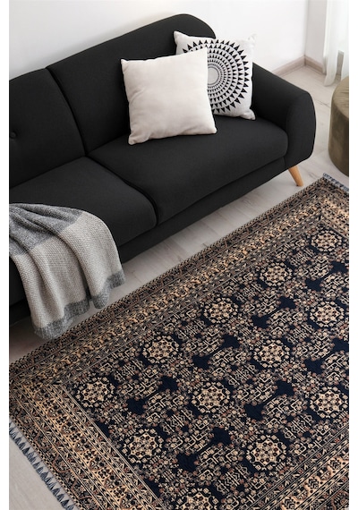 Siyah Renkli Afgan Tarzı Altı Kaymaz Yıkanabilir Şönil Kilim-599