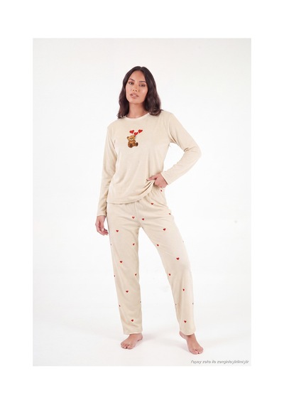 Lela Desenli Yumuşak Dokulu Uzun Kollu Pijama Takımı Kadın Pijama Takımı 65750155 Bej