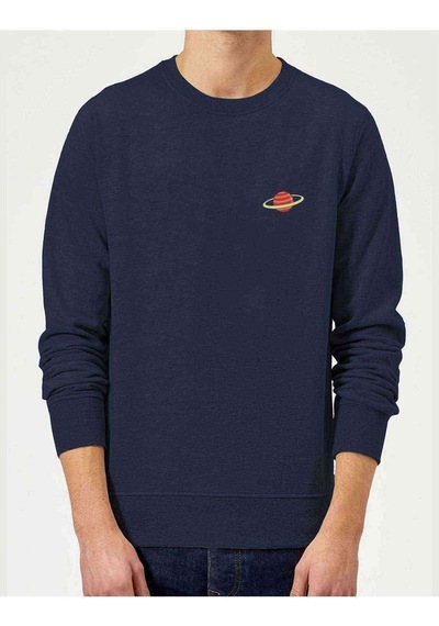 Saturn Göğüs Baskılı Indigo Mavi Erkek Örme Sweatshirt